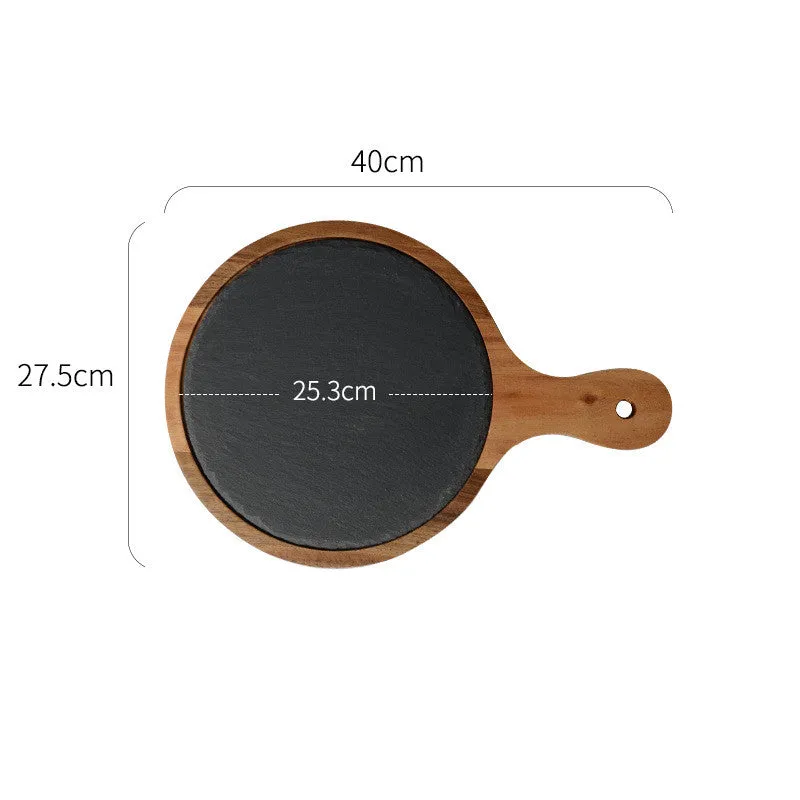 Black Acacia Wood Pizza Dish, Charcuterie Board, Wooden Plate with Modern Slate Stone plate