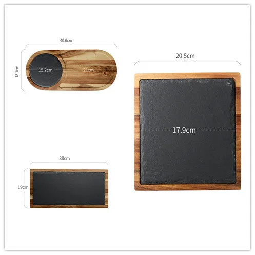 Black Acacia Wood Pizza Dish, Charcuterie Board, Wooden Plate with Modern Slate Stone plate