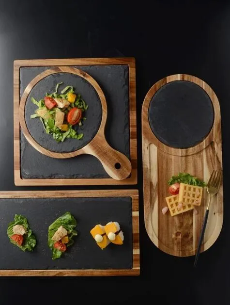 Black Acacia Wood Pizza Dish, Charcuterie Board, Wooden Plate with Modern Slate Stone plate