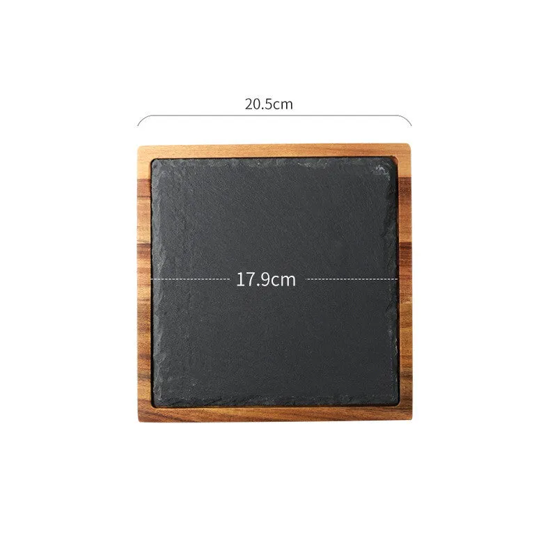Black Acacia Wood Pizza Dish, Charcuterie Board, Wooden Plate with Modern Slate Stone plate