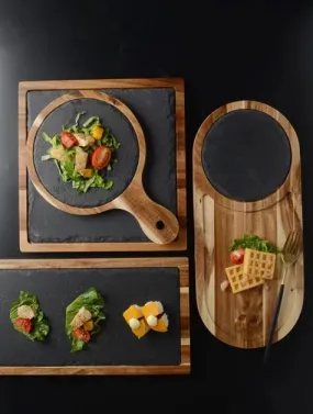 Black Acacia Wood Pizza Dish, Charcuterie Board, Wooden Plate with Modern Slate Stone plate