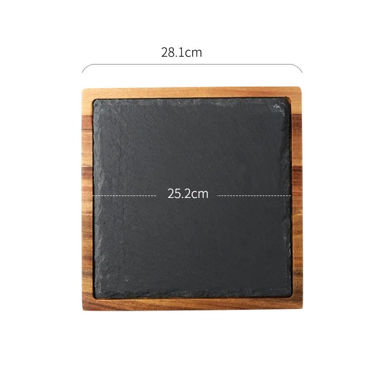 Black Acacia Wood Pizza Dish, Charcuterie Board, Wooden Plate with Modern Slate Stone plate