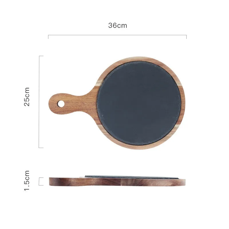 Black Acacia Wood Pizza Dish, Charcuterie Board, Wooden Plate with Modern Slate Stone plate