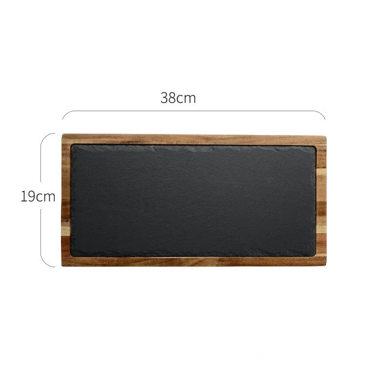 Black Acacia Wood Pizza Dish, Charcuterie Board, Wooden Plate with Modern Slate Stone plate