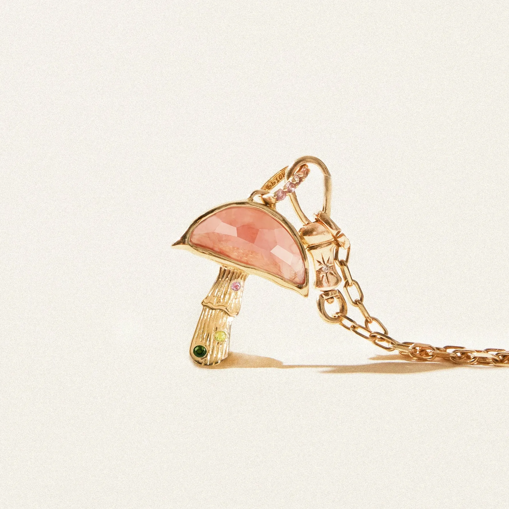 first blush mushroom charm - 10k yellow gold, rhodochrosite