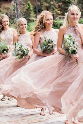 Flowy Chiffon Bridesmaid Dresses A-Line Jewel Blush Pink with Sequins PB84