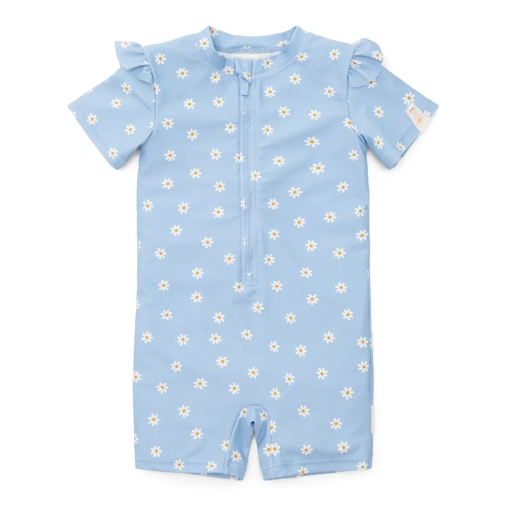 Girls Swimsuit Short Sleeves rashguard Ruffles Blue Daisies rash guard