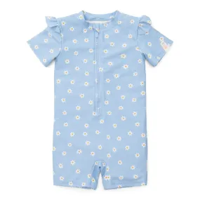 Girls Swimsuit Short Sleeves rashguard Ruffles Blue Daisies rash guard