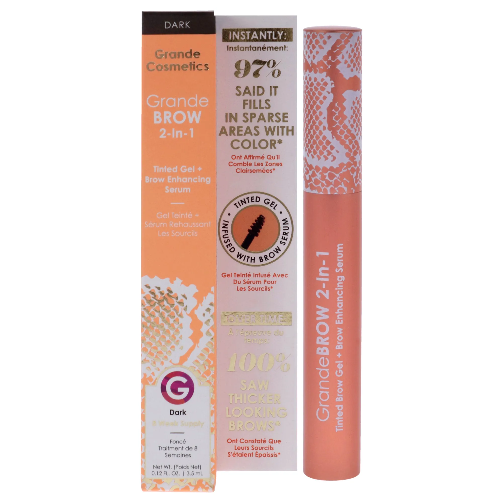 GrandeBROW 2-In-1 Tinted Brow Gel plus Brow Enhancing Serum - Dark by Grande Cosmetics for Women - 0.12 oz Eyebrow Gel