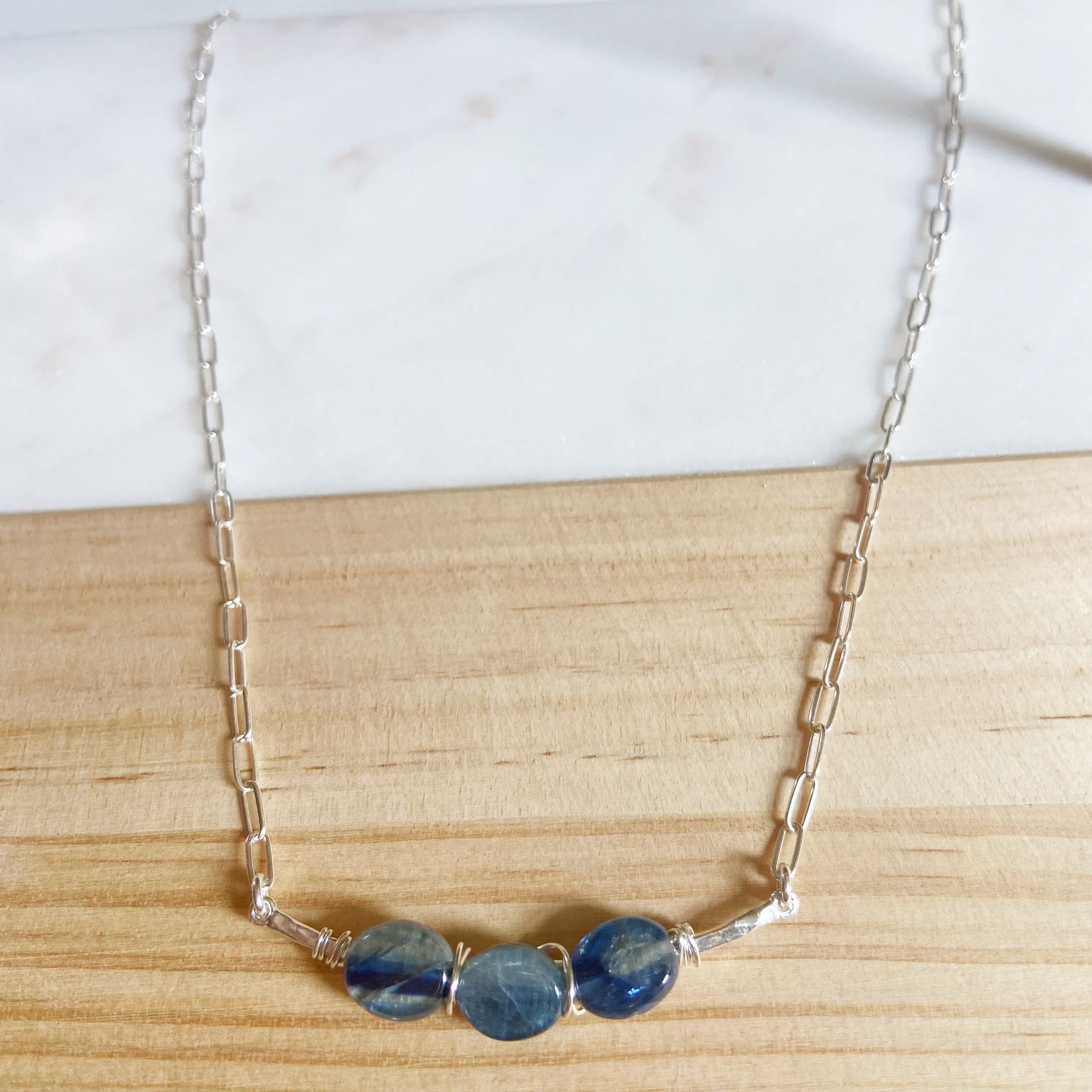 Wire Wrapped Kyanite Bar Necklace in Silver (17.5 inches)